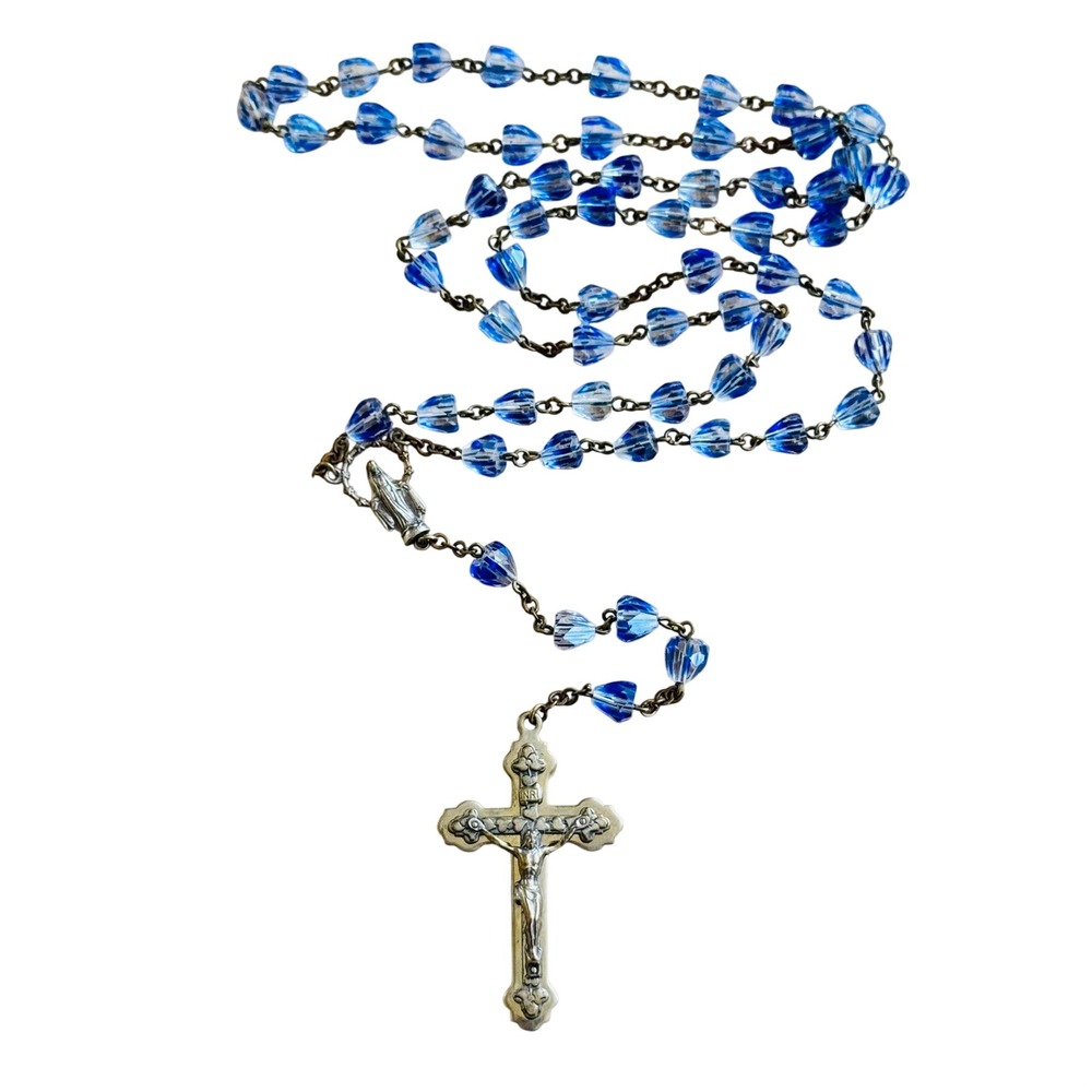 VTG Estate Rosary Miraculous Medal Italy Roma Beaded Blue Glass Catholic Faceted